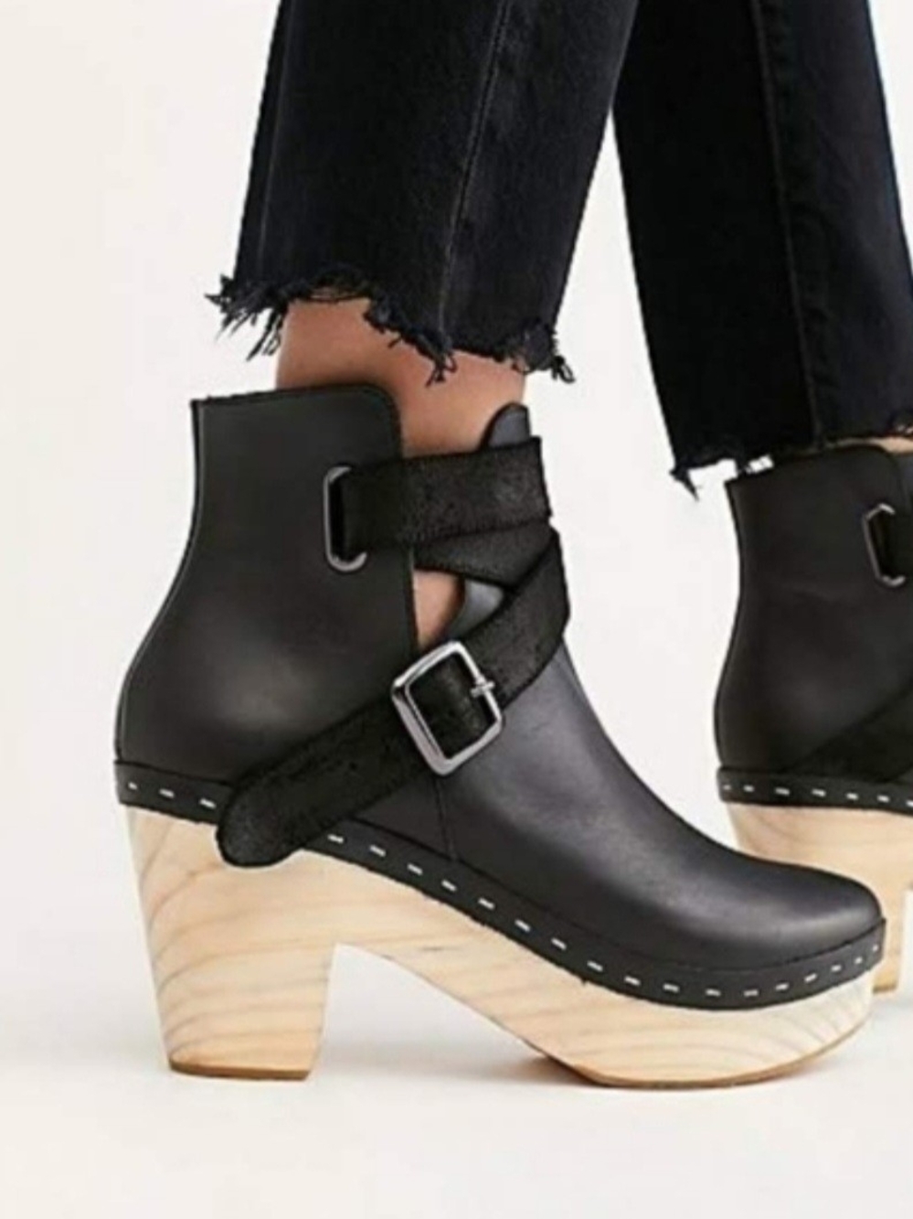 Free People Black Leather Clog Ankle Boots with Buckle. Size US 10.5-11